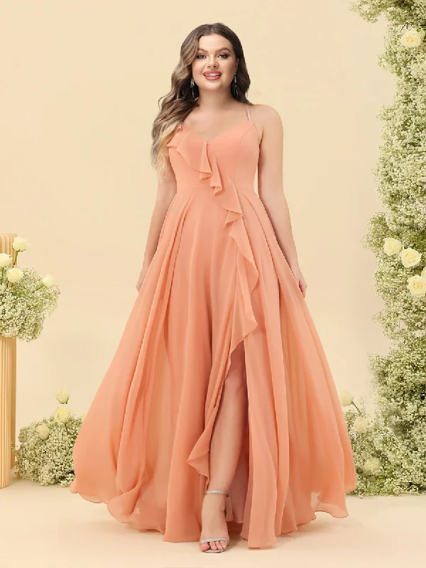 Additional Time-Limited Offers Elegant Details A-Line/Princess Spaghetti Straps V-Neck Long Plus Size Bridesmaid Dresses with Split Side & Ruffles