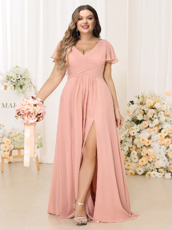 Urban Elegance Deals Feminine Charm A-Line/Princess V-Neck Short Sleeves Long Plus Size Bridesmaid Dresses with Split Side