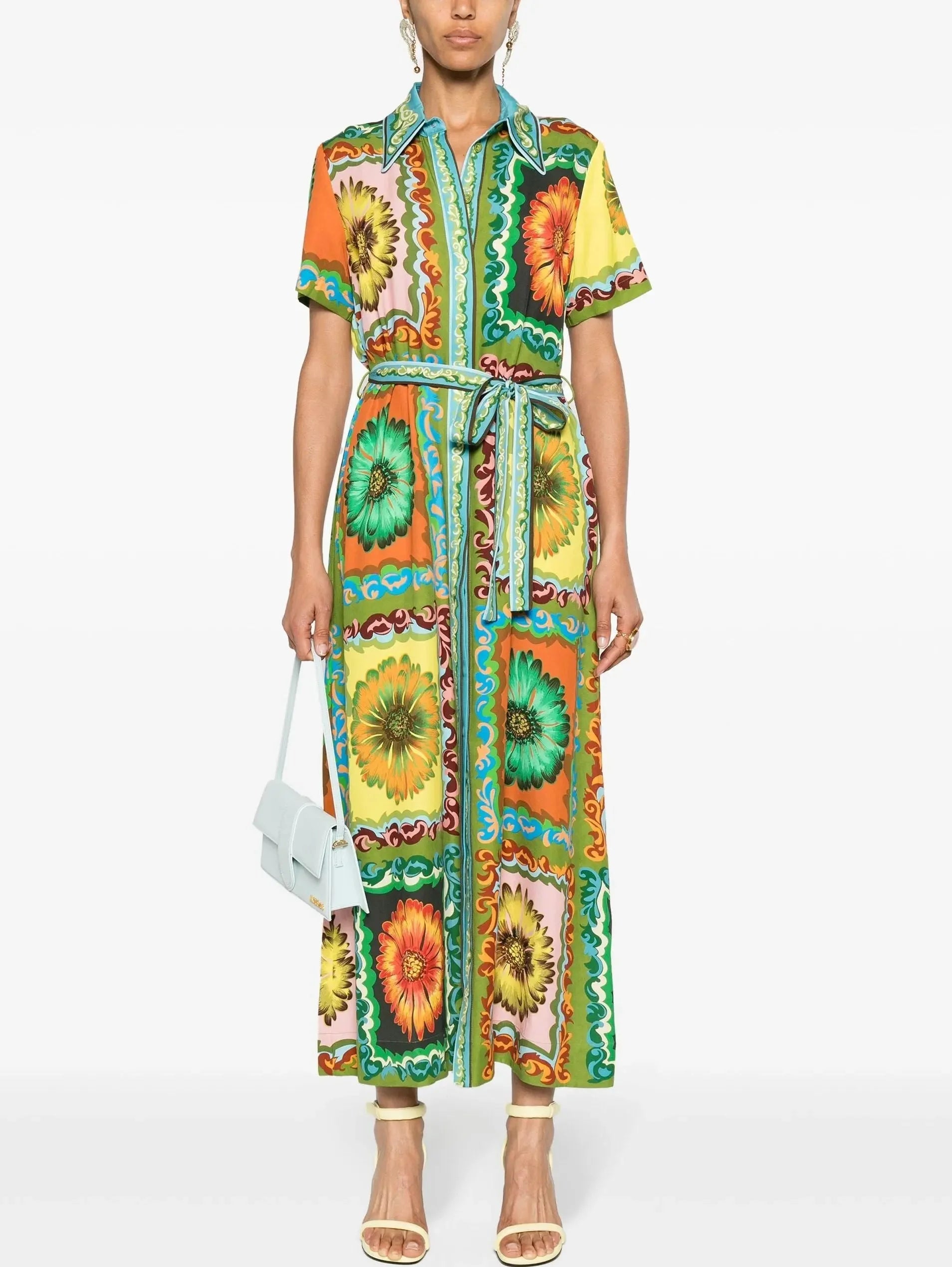 Discount Extravaganza Flash Sale Belted Multicolor Daisy Printed Short-Sleeve Shirt Dress