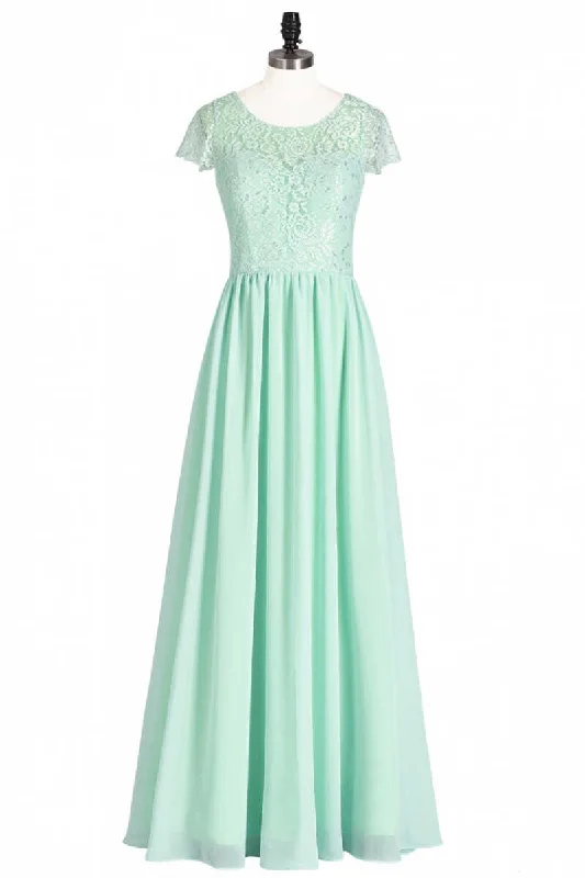 Quick Grab Deals Summer Splash Sale Sage Green Lace and Chiffon Cap Sleeve A-Line Long Bridesmaid Dress