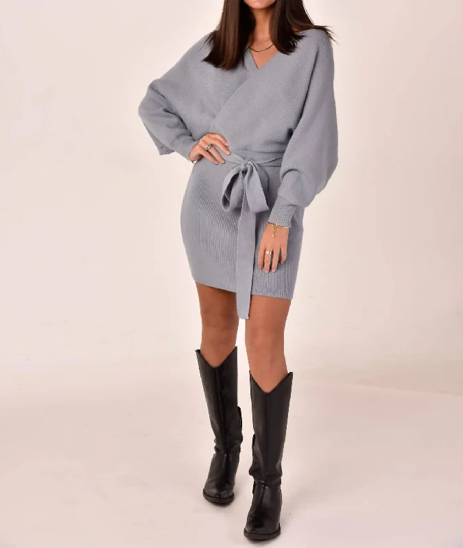 Classy Style Discounts Graceful Drape Long Sleeve Wrap Sweater Dress In Blue Ash