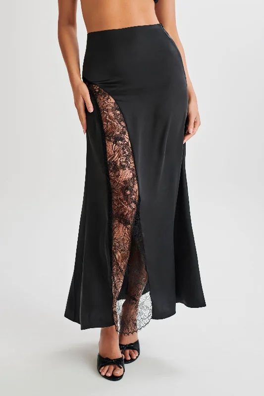 Limited Stock, Big Discounts Feminine Charm Luella Satin Lace Maxi Skirt - Black