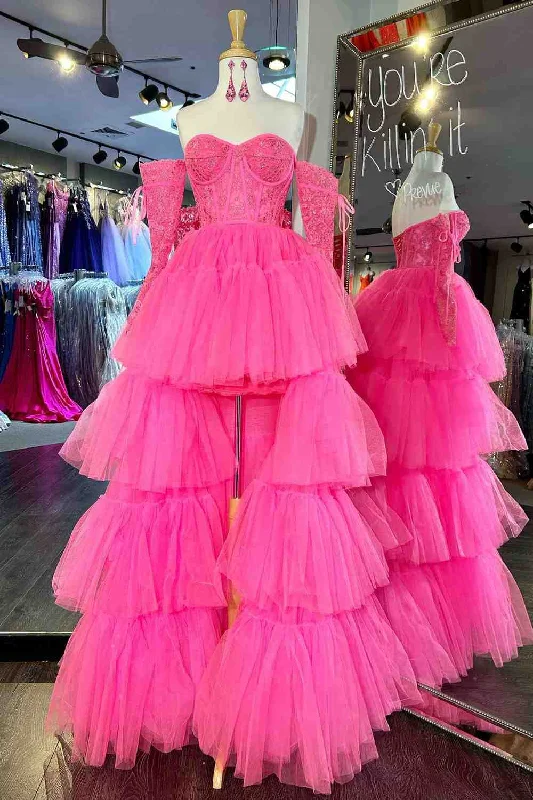 Budget Saver Sophisticated Cut Roycebridal Sue | Hot Pink Off-Shoulder A-line Tulle Layers Applique Hi-Low Prom Dress