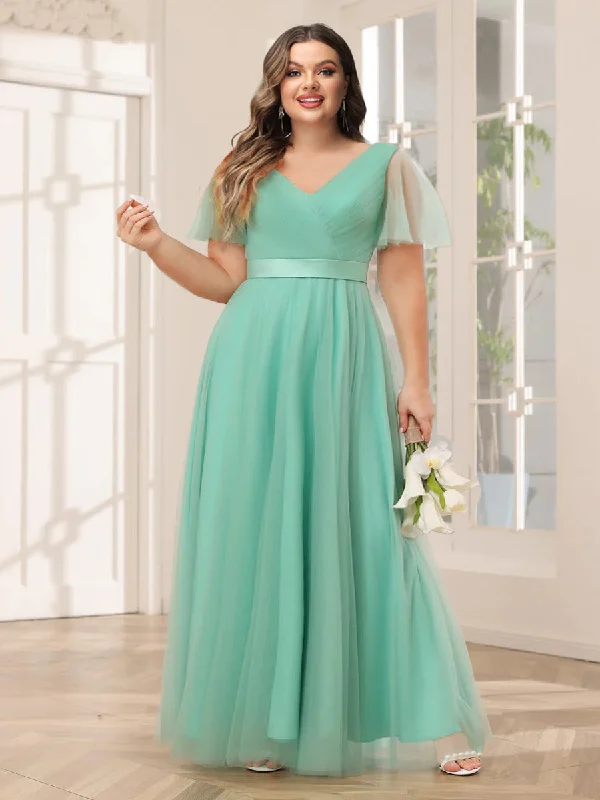 Limited Time Flash Sale Boho - Chic Festival - Ready Style A-Line/Princess Tulle Long Plus Size Bridesmaid Dresses with Sleeves