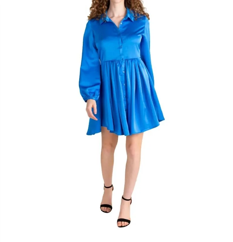 Huge Discounts This Week Flash Sale Long Sleeve Button Dress In Cobalt