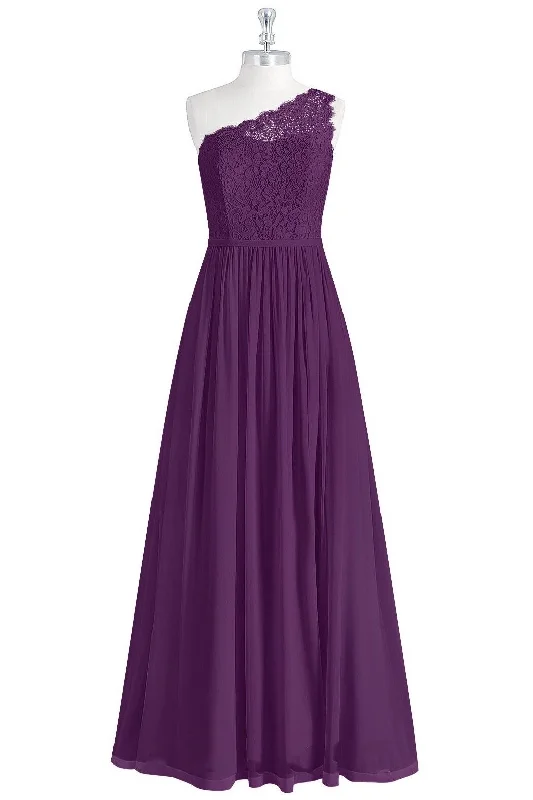 Get The Latest Trends Beat the Heat in Tropical Styles One-Shoulder Purple Lace A-Line Long Bridesmaid Dress with Slit