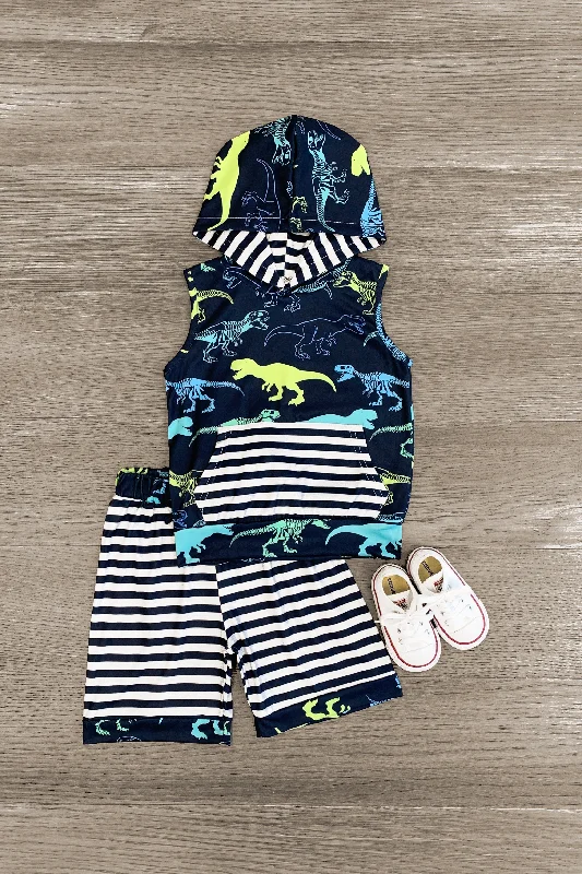 Limited Stock, Big Sale Hollywood Glam Award - Show Style Navy Dinosaur Striped Sleeveless Hoodie Short Set