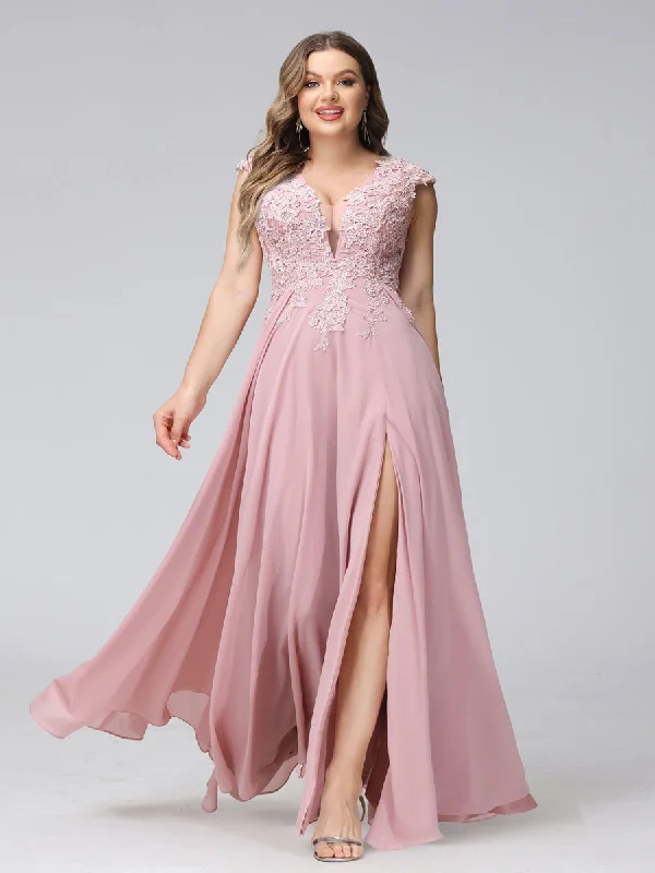 Best Sellers Last Chance Sale A-Line V-Neck Sleeveless Chiffon Long  Plus Size Bridesmaid Dresses With Applique Split Side