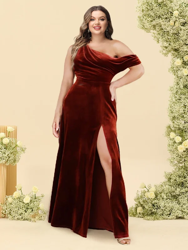 Limited Stock Fashion-Forward Style A-Line/Princess One-Shoulder Floor-Length Plus Size Bridesmaid Dresses With Split Side