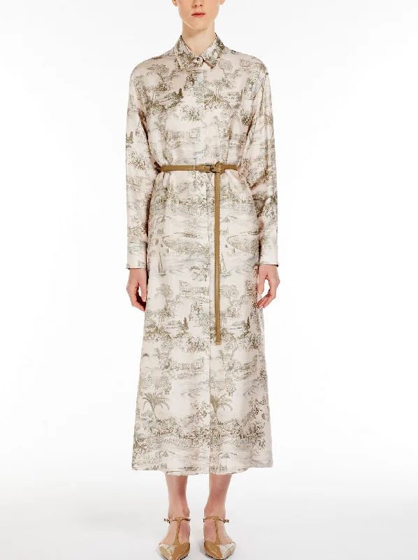 New Styles Just In Update with Cottagecore Styles Printed Silk Straight Midi Shirt Dress