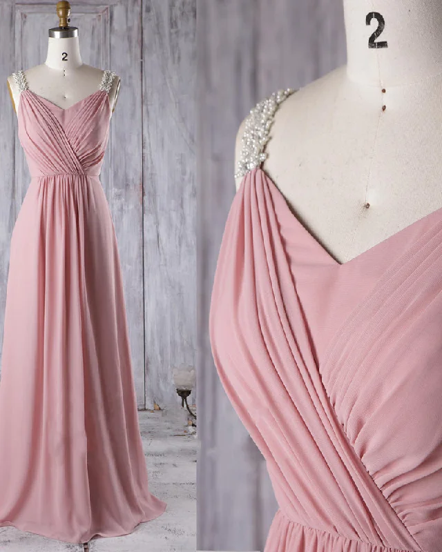 Timeless Elegance Redefined Tropical Island - Inspired Attire Elegant  Pleated Chiffon Dust Pink /beige  Wedding Party Dress  Women Bridesmaid Dress Long with Pearl Beaded Straps PL06081