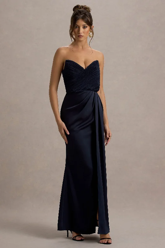 Trendy Threads Classic Charm Edel | Navy Satin Strapless Maxi Dress With Drape