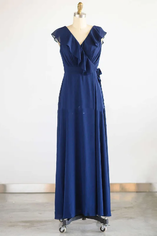 New Season Fashion Preview Holiday Sale Navy Blue Ruffled Tie-Side Long Bridesmaid Dress