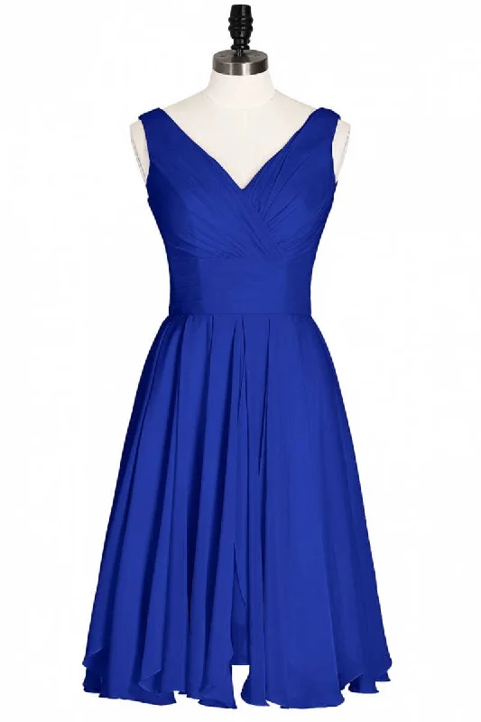 Seize Bargains Celebrate with Big Savings Royal Blue Chiffon V-Neck Backless A-Line Short Bridesmaid Dress