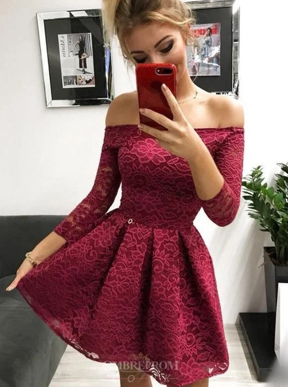 Easy Elegance Sales Ethnic Cultural Event Wear Off-the-Shoulder Long Sleeves Burgundy Lace Homecoming Dress OM184