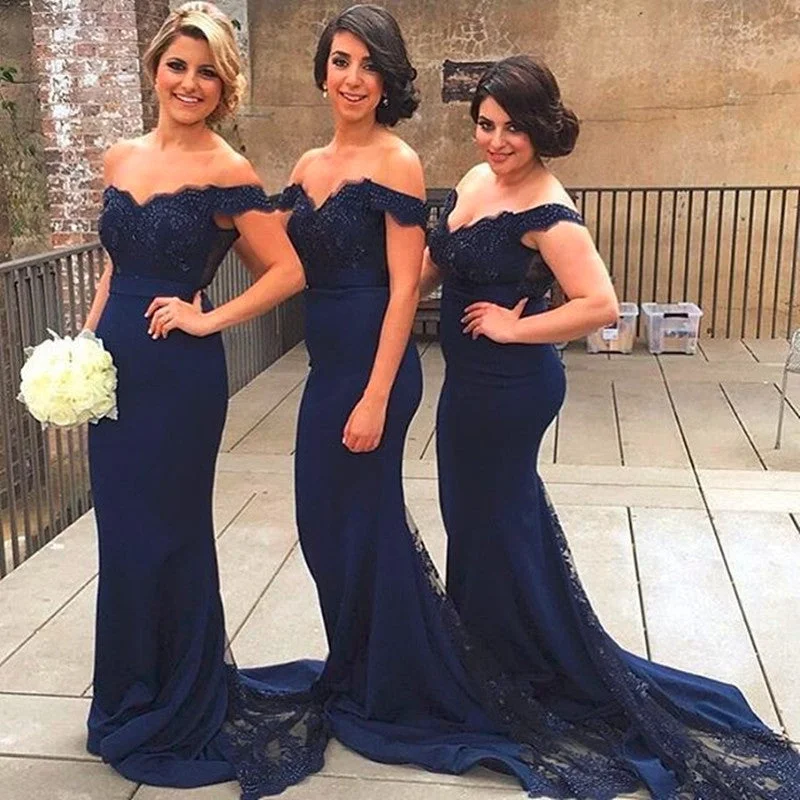 Fashion Frontiers Feminine Flow Elegant Lace Appliques Mermaid Off the Shoulder Bridesmaid Dress Navy Women Formal Gown