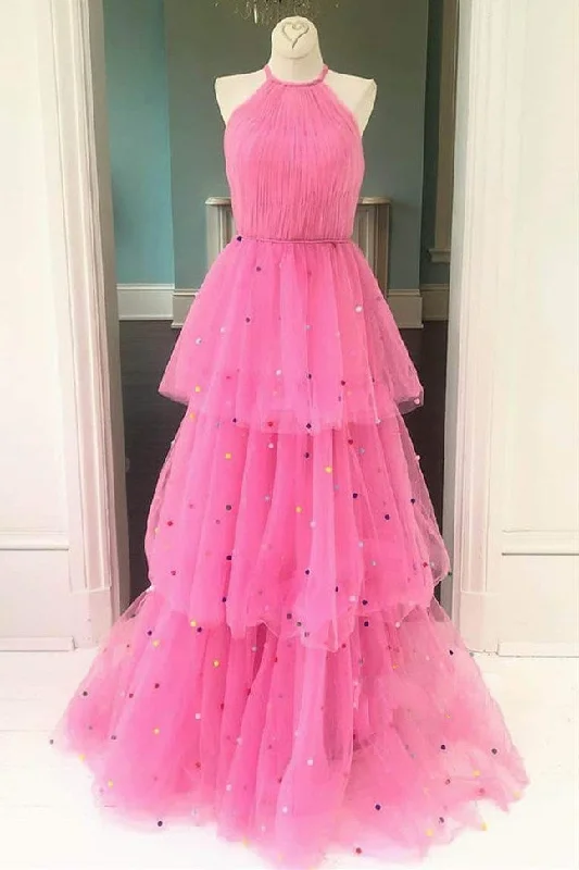 Low Price Special Romantic Detailing Roycebridal Tessa | Hot Pink A-Line Tulle Prom Dress with Colorful Dots