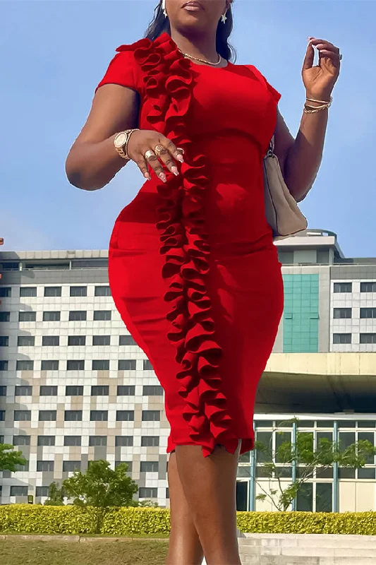 Sale Event, Prices Rock Alluring Design Solid Color Ruffles Glamorous OL Bodycon Midi Dress