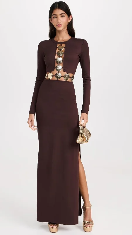 Trendy Looks On Sale Soft Textures STAUD Women Delphine Dress Dark Chocolate Brown Maxi Gown