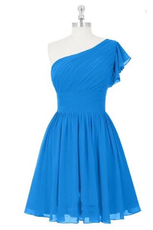 Save Big Tropical Island - Inspired Attire Blue One-Shoulder Ruffled Sleeve Short Bridesmaid Dress