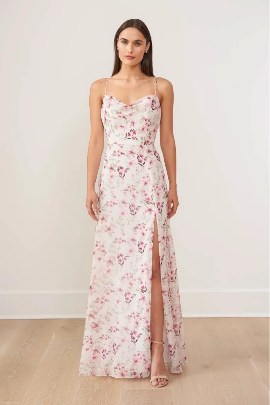 Trendy Pulse Elevated Style Jasmine B263010 Drape Neck Bridesmaid Dress | Ivory/Garden Print