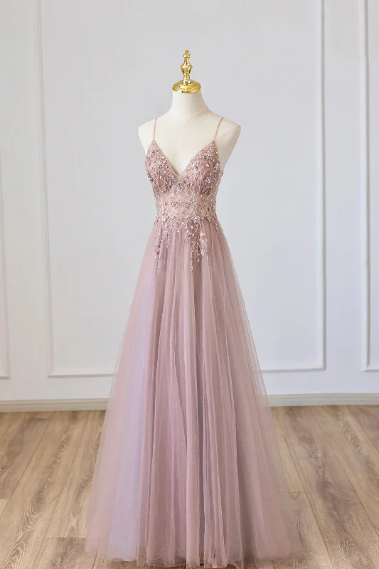 Luxury Fashion Discounts Art Deco Geometric Pattern Look Roycebridal Yareli | Pink Tulle Long A-Line Prom Dress, Pink Spaghetti Formal Dress with Beaded