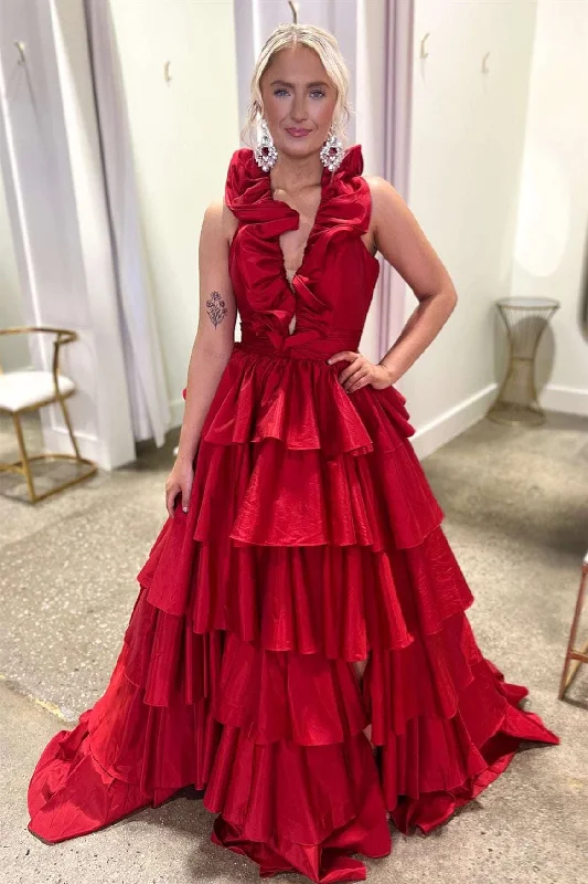 Absurdly Cheap Sale Artful Design Roycebridal Flora | Halter Red Ruffle Tiered A-Line Prom Dress