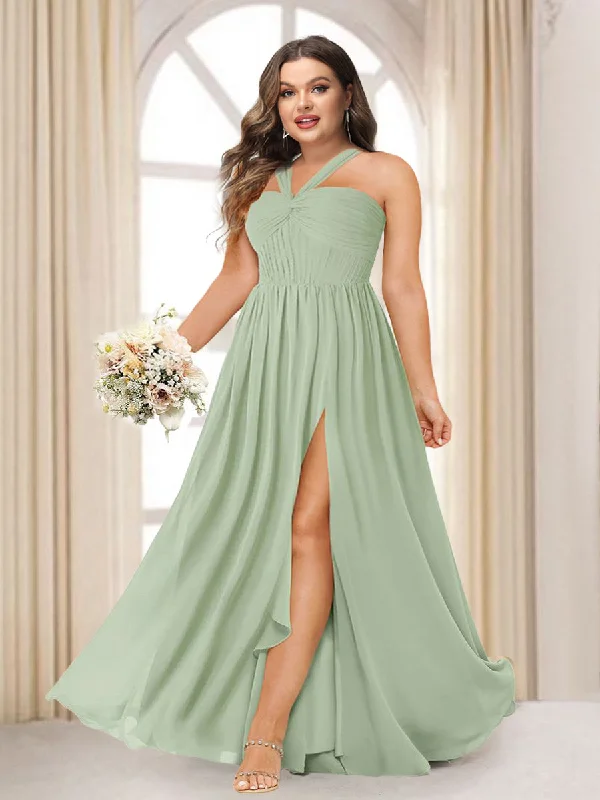 Limited Time Special Offer Parisian Effortless Chic Style A-Line/Princess Halter Long Plus Size Bridesmaid Dresses with Split Side