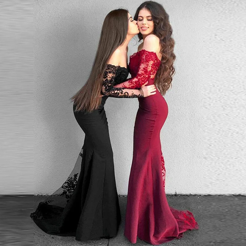 Casual Chic Elegant Details Burgundy /Black Off Shoulder Long Sleeves Mermaid Bridesmaid Dresses Lace Women Formal Evening Gown