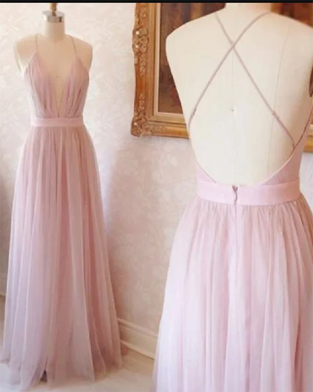 Chic Style, Always In Vogue Y2K Nostalgic Fashion Look Halter Sexy Deep V Neck Pink Wedding Party Dress Floor Length Women Bridesmaid Dresses Long