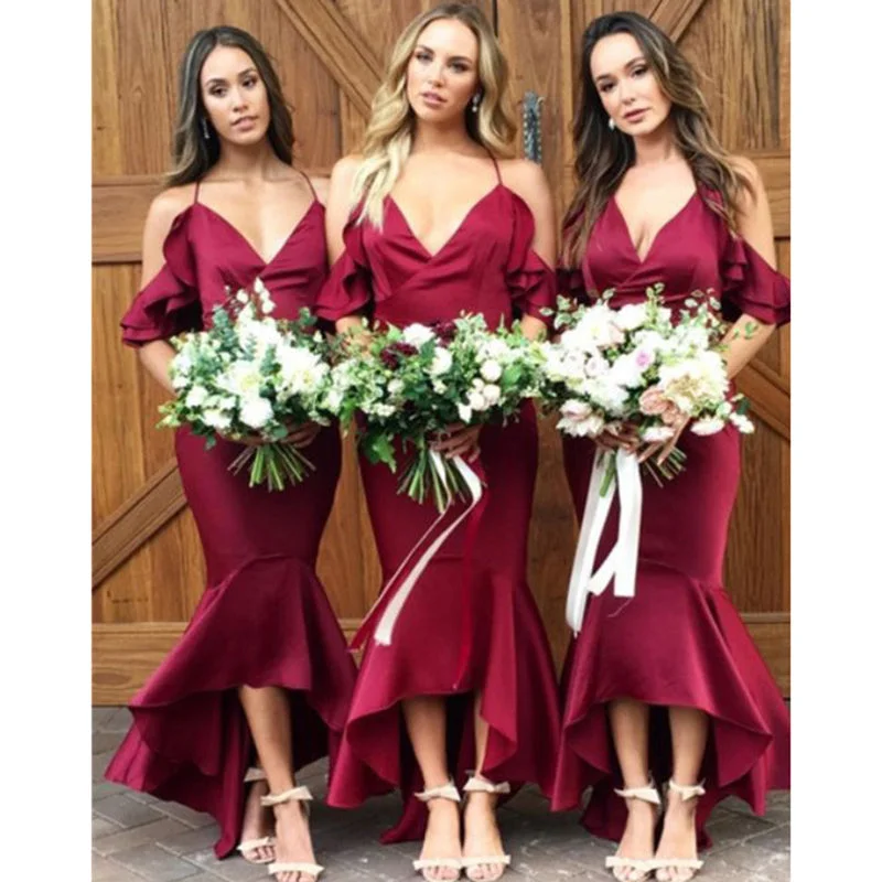 Get The Latest Trends Minimalist Office - Ready Style New Red Cold Shoulder Mermaid Prom Dress Tea Length Bridesmaid Dresses for Weddings LP470