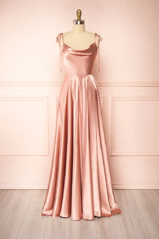 Fashion-Forward Limited - Edition Drops Moira Pink | Cowl Neck Satin Maxi Dress w/ High Slit