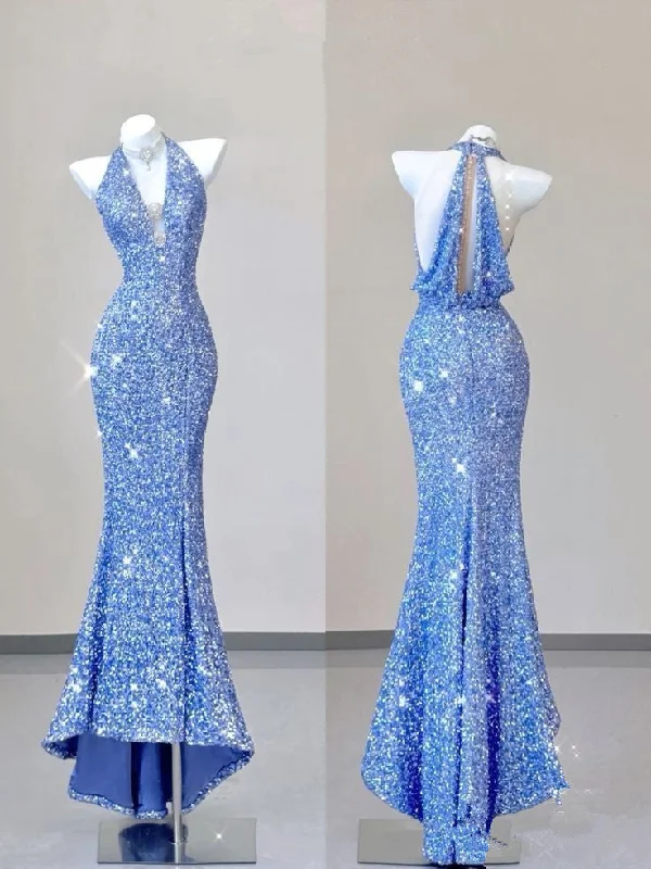 Weekend Exclusive Elegant Details Elegant Mermaid V Neckline Sequin Blue Sleeveless Long Prom Dresses C3495