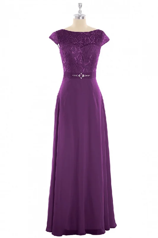 Fashion Forward Modern Romance Elegant Purple Lace Cap Sleeve A-Line Long Bridesmaid Dress