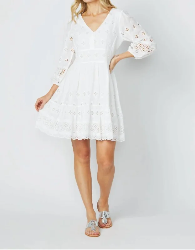 Feminine Style Promotions Everyday Glamour Long Sleeve Side Smocked Dress In White Eyelet