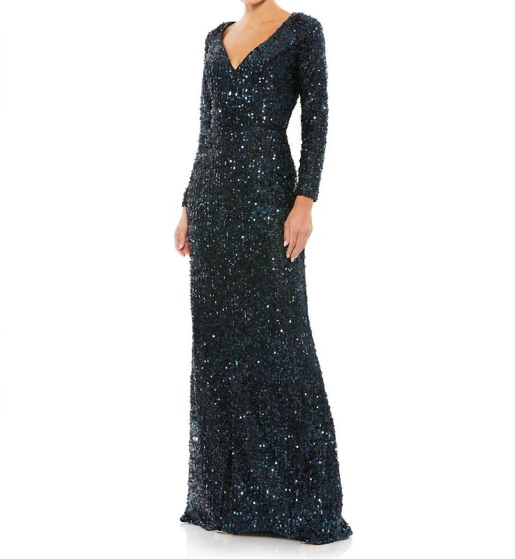 Discover Promotions Elevated Style Long Sleeve Sequined Gown In Midnight