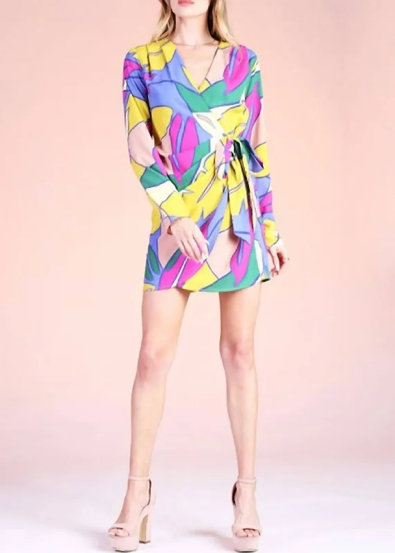 Sophisticated Street Style Offers Seasonal Trend Tropical Paradise Long Sleeve Tulip Wrap Dress In Multi