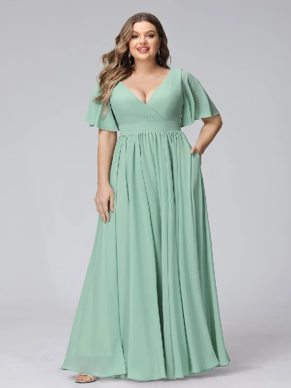 Best Deals Of The Season Feminine Soft - Hued Styles A-Line V-Neck Half Sleeves Long Chiffon Plus Size Bridesmaid Dresses with Ruffles Split Side Pockets