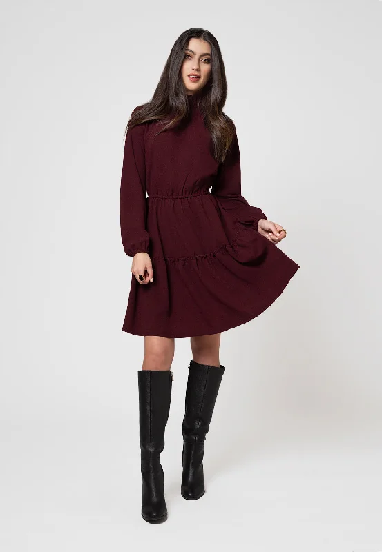 Don't Miss Out Feminine Elegance Leota Women's Long Sleeve Olive Dress in Maroon Red