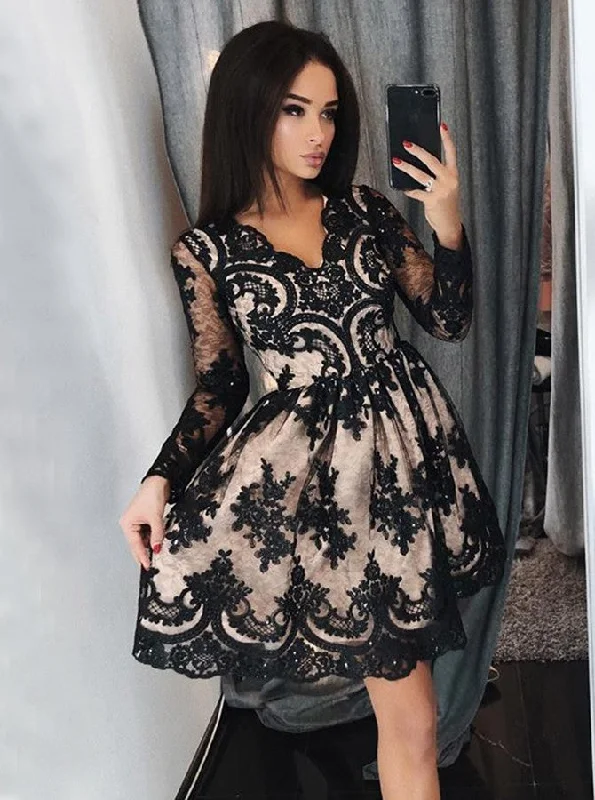 Vintage-Modern Style Offers Flash Sale Black Lace Appliques Long Sleeves Short Prom Homecoming Dress OM179