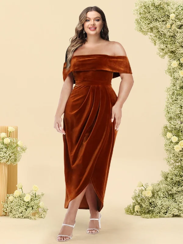 Final Sale Great Deals on Ethnic Cultural Wear Sheath/Column Velvet Off-the-Shoulder Plus Size Bridesmaid Dress With Split Side