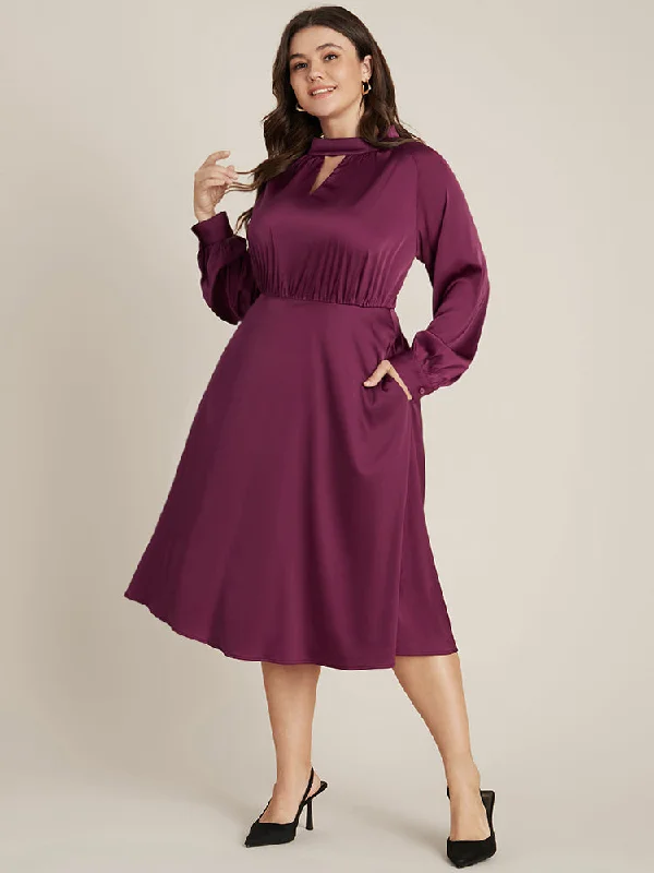 Trendy Women'S Wear Collection Big Savings on Minimalist Office Styles Solid Pocket Keyhole Mock Neck Satin Midi Dress