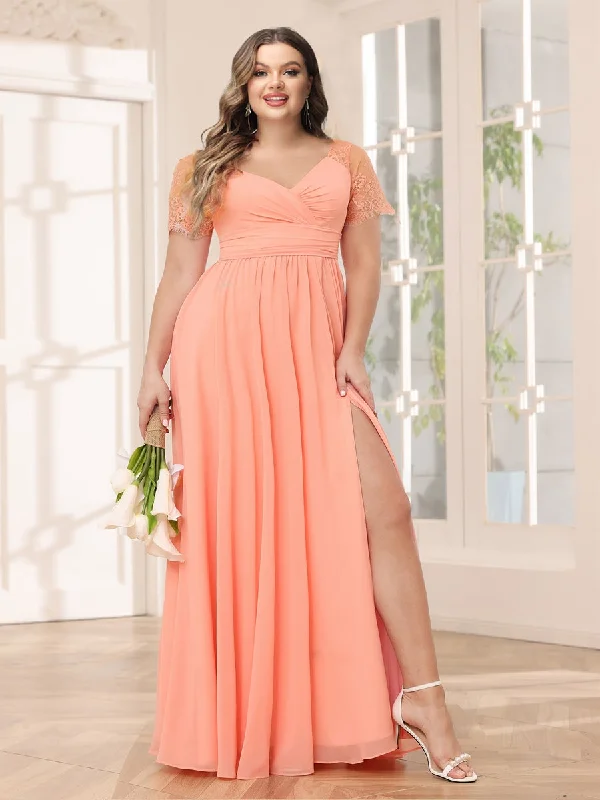 Flash Sales Save on Classic Elegant Styles A-Line/Princess V-Neck Long Plus Size Bridesmaid Dresses with Split Side