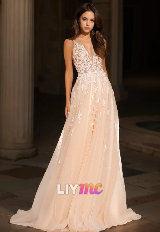 Ride The Style Wave Feminine Grace V-Neck Spaghetti Straps Appliques Tulle A-Line Wedding Dress