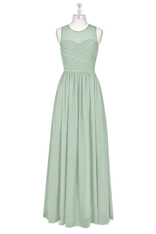 Fashion Frontiers Lighten Up with Nordic Styles Sage Green Chiffon Sheer Neck A-Line Long Bridesmaid Dress