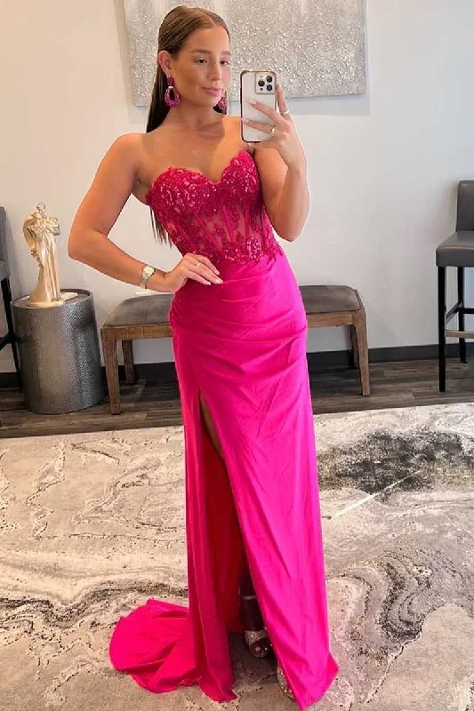 Season Sale Charming Silhouette Roycebridal Ember | Sweetheart Corset Lace Hot Pink Long Prom Dress with Slit