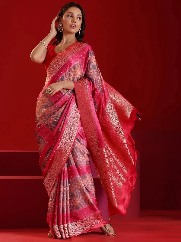 Break Fashion Norms Coastal Beach - Inspired Style Libas Art Red Printed Satin Saree With Unstitched  Blouse Piece