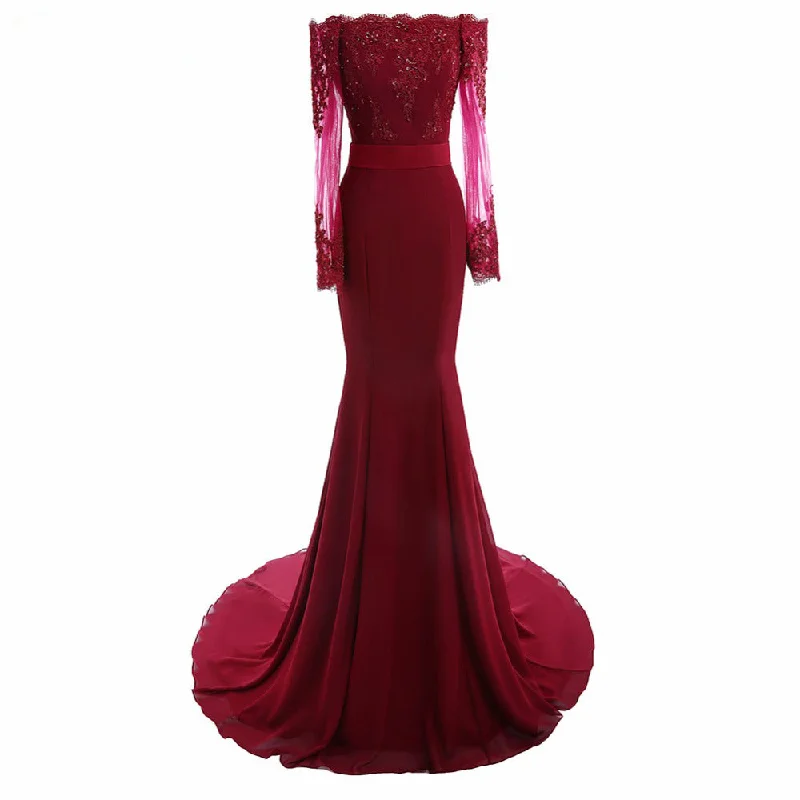 Seasonal Trends Anniversary Sale Burgundy Long Sleeves Bridesmaid Dress Lace Embellishment Women Formal Evening party Gown LP6621