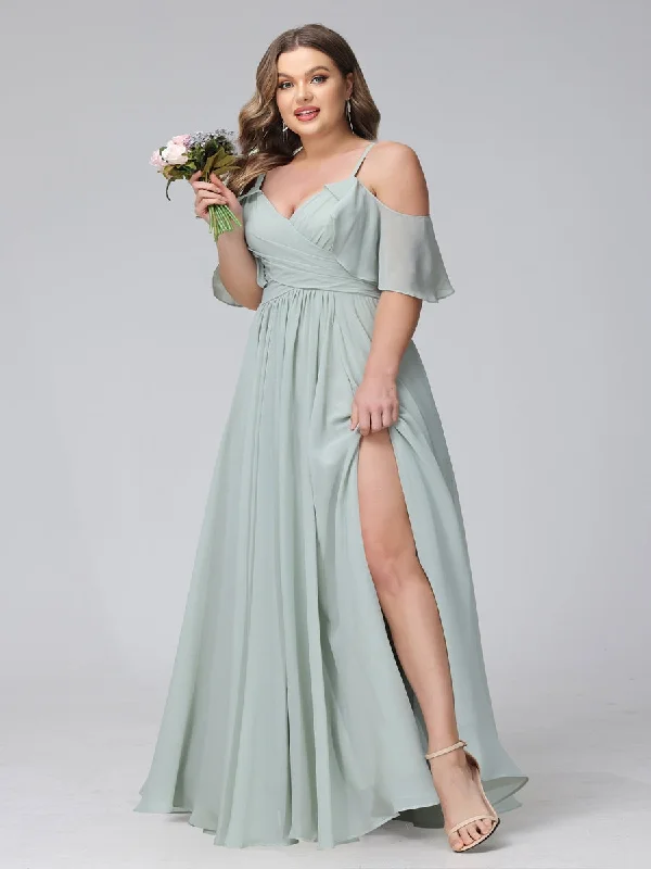 Shop The Hottest Deals Discounts on Casual Weekend Styles A-Line V-Neck Chiffon Long Plus Size Bridesmaid Dresses With Split Side & Spaghetti Straps