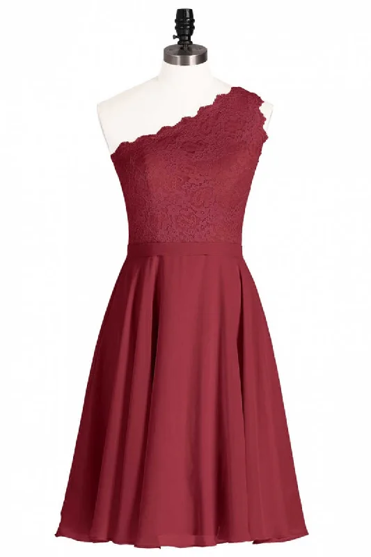 Unbeatable Prices Refined Simplicity One-Shoulder Burgundy Lace A-Line Short Bridesmaid Dress